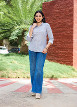 Shop Black Striped 100% Cotton Oxford Full Sleeve Shirt With Double Pocket for Women.