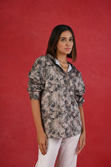 Buy Army Green Printed Loose Fit Cotton Satin Shirt for Women at Senorita Fashions