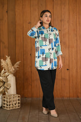 Shop Blue Green Grey Pattern Printed Modal & Linen Cotton Full Sleeve Co-ord Set for Women at Senorita Fashions