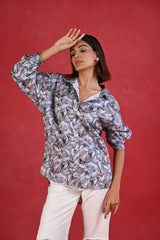 Buy Blue Grey Printed Regular Fit Cotton Satin Shirt for Women at Senorita Fashions