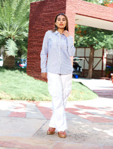 Shop Blue Striped Cotton Oxford Shirt with Double Pockets for Women at Senorita Fashions