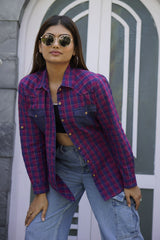 Senorita Pink Indigo Denim Checks 100% Cotton Checks Shirt , Full sleeve