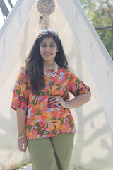 Senorita Orange&olive green 100% Linen Printed Co-ord Set - Regular fit, Half sleeve