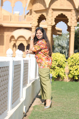 Senorita Orange&olive green 100% Linen Printed Co-ord Set - Regular fit, Half sleeve