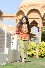 Senorita Orange&olive green 100% Linen Printed Co-ord Set - Regular fit, Half sleeve