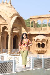 Senorita Orange&olive green 100% Linen Printed Co-ord Set - Regular fit, Half sleeve