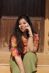 Senorita Orange&olive green 100% Linen Printed Co-ord Set - Regular fit, Half sleeve