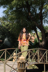 Senorita Orange&olive green 100% Linen Printed Co-ord Set - Regular fit, Half sleeve