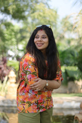 Senorita Orange&olive green 100% Linen Printed Co-ord Set - Regular fit, Half sleeve