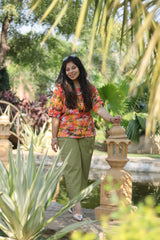 Senorita Orange&olive green 100% Linen Printed Co-ord Set - Regular fit, Half sleeve