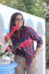 Senorita Red Indigo Denim Checks 100% Cotton Checks Shirt , Full sleeve