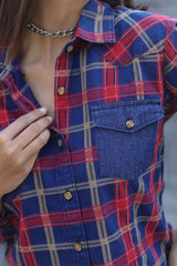 Senorita Red Indigo Denim Checks 100% Cotton Checks Shirt , Full sleeve