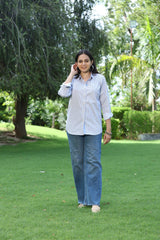 Buy Light Blue Striped Cotton Oxford Shirt Without Pocket for Women at Senorita Fashions