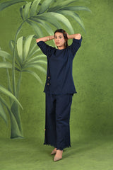 Shop Navy Blue Frayed Solid Linen Cotton Full Sleeve Co-ord Set for Women at Senorita Fashions