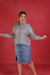 Shop Navy Blue Grey Checkered Cotton Satin Shirt for Women at Senorita Fashions