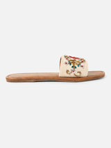 Pairs4U Off White Canvas Upper Flip-Flop Flats with Embroidered For Womens