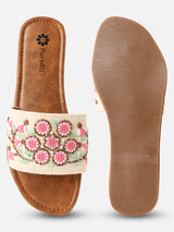 Pairs4U Off White Canvas Upper Flip-Flop Flats with Embroidered For Womens