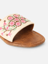 Pairs4U Off White Canvas Upper Flip-Flop Flats with Embroidered For Womens