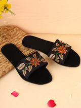 Pairs4U Black Canvas Upper Flip-Flop Flats with Embroidered For Womens