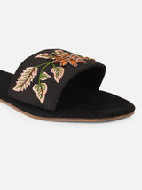 Pairs4U Black Canvas Upper Flip-Flop Flats with Embroidered For Womens