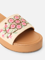 Pairs4U Off White Canvas Upper Flip-Flop Flats with Embroidered For Womens