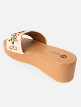 Pairs4U Off White Canvas Upper Flip-Flop Flats with Embroidered For Womens