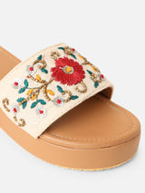 Pairs4U Off White Canvas Upper Flip-Flop Flats with Embroidered For Womens