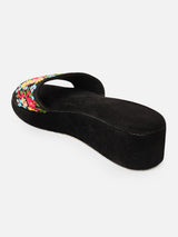 Pairs4U Black Canvas Upper Flip-Flop Flats with Embroidered For Womens