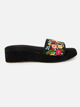 Pairs4U Black Canvas Upper Flip-Flop Flats with Embroidered For Womens