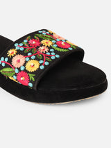 Pairs4U Black Canvas Upper Flip-Flop Flats with Embroidered For Womens