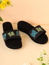 Pairs4U Black Canvas Flip-Flop Flats with Embroidered For Womens