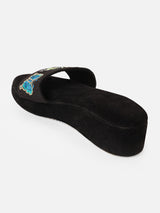 Pairs4U Black Canvas Flip-Flop Flats with Embroidered For Womens