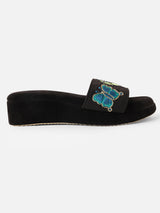 Pairs4U Black Canvas Flip-Flop Flats with Embroidered For Womens