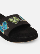 Pairs4U Black Canvas Flip-Flop Flats with Embroidered For Womens