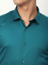 Stitch Hub Ocean Blue Satin Lycra Shirts For Men- Regular Fit With Solid Pattern