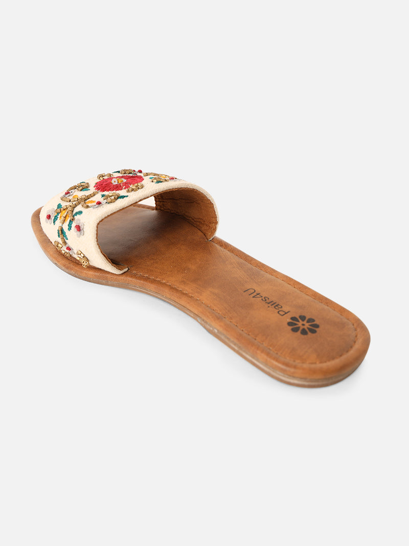 Pairs4U Off White Canvas Upper Flip-Flop Flats with Embroidered For Womens