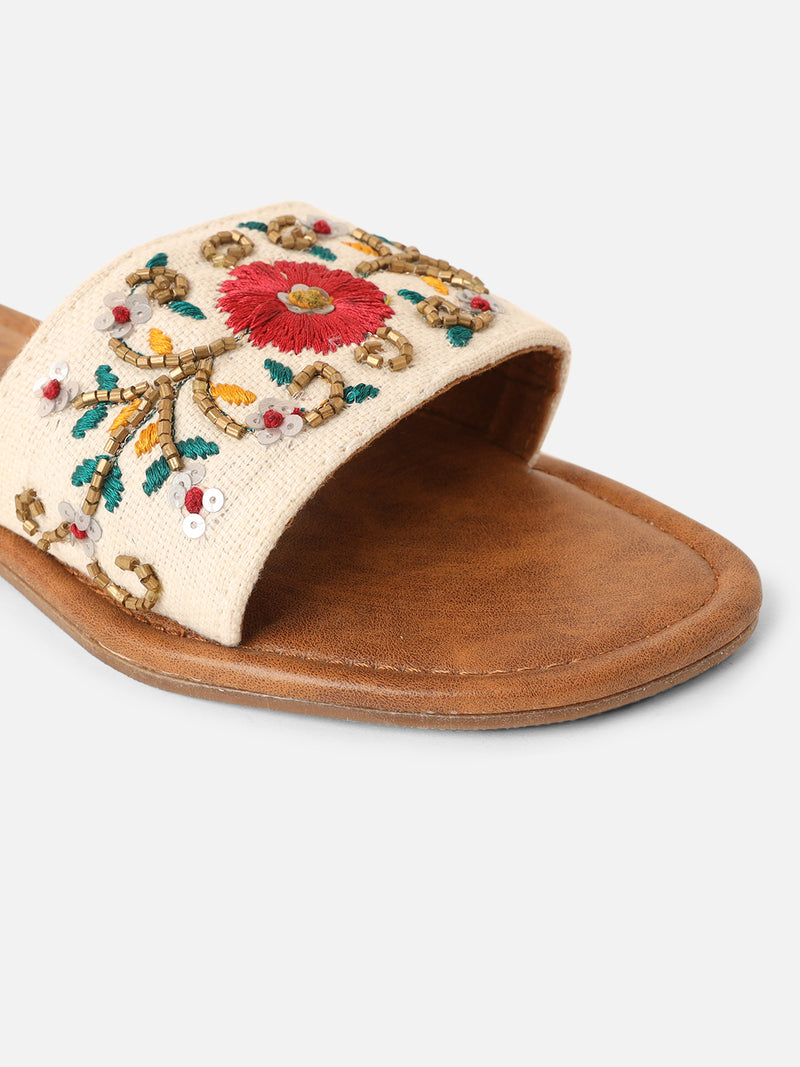 Pairs4U Off White Canvas Upper Flip-Flop Flats with Embroidered For Womens