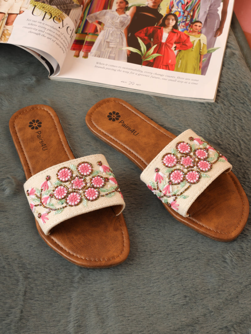 Pairs4U Off White Canvas Upper Flip-Flop Flats with Embroidered For Womens