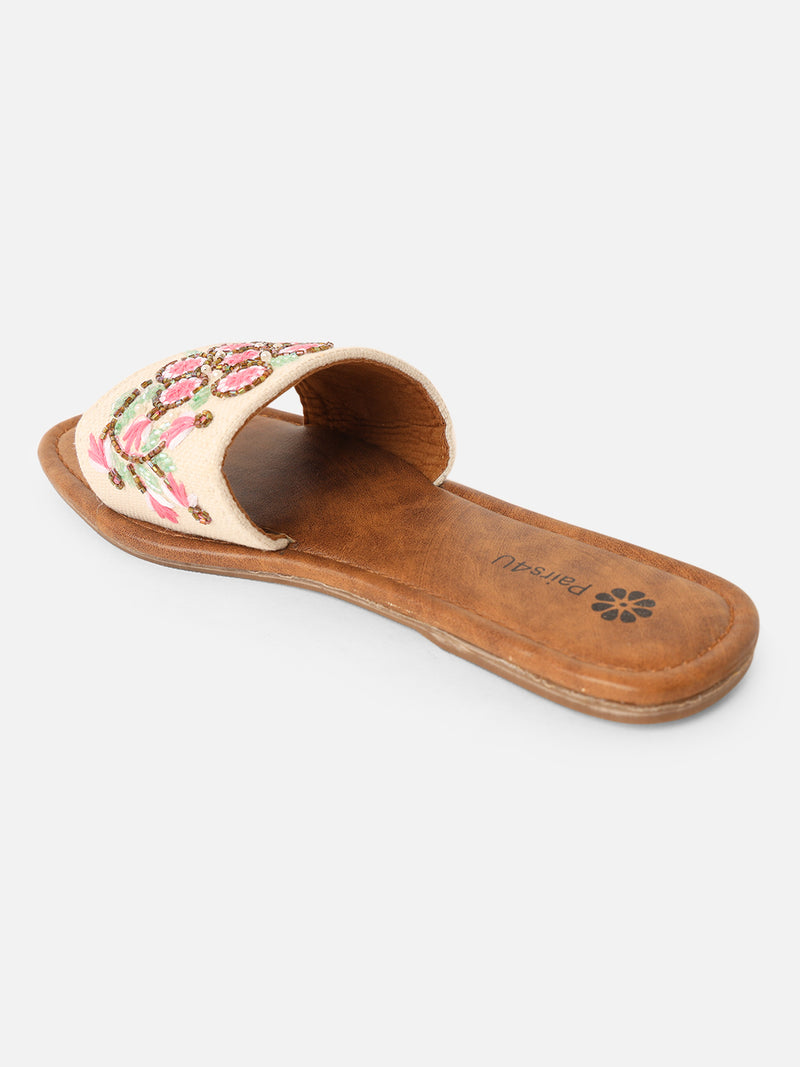 Pairs4U Off White Canvas Upper Flip-Flop Flats with Embroidered For Womens