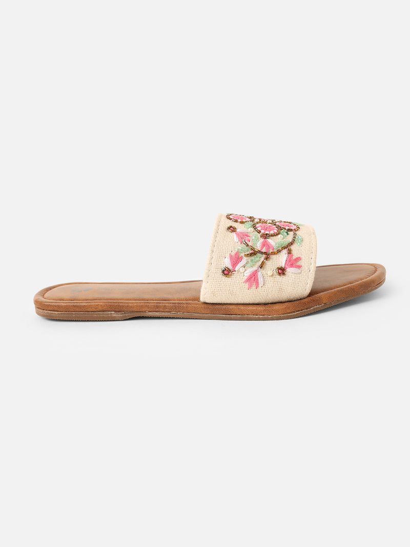 Pairs4U Off White Canvas Upper Flip-Flop Flats with Embroidered For Womens