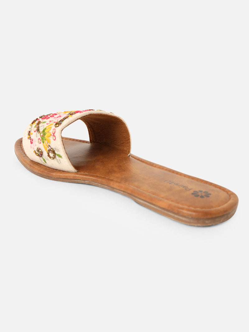 Pairs4U Multi Canvas upper Flip-Flop Flats with Embroidered For Womens