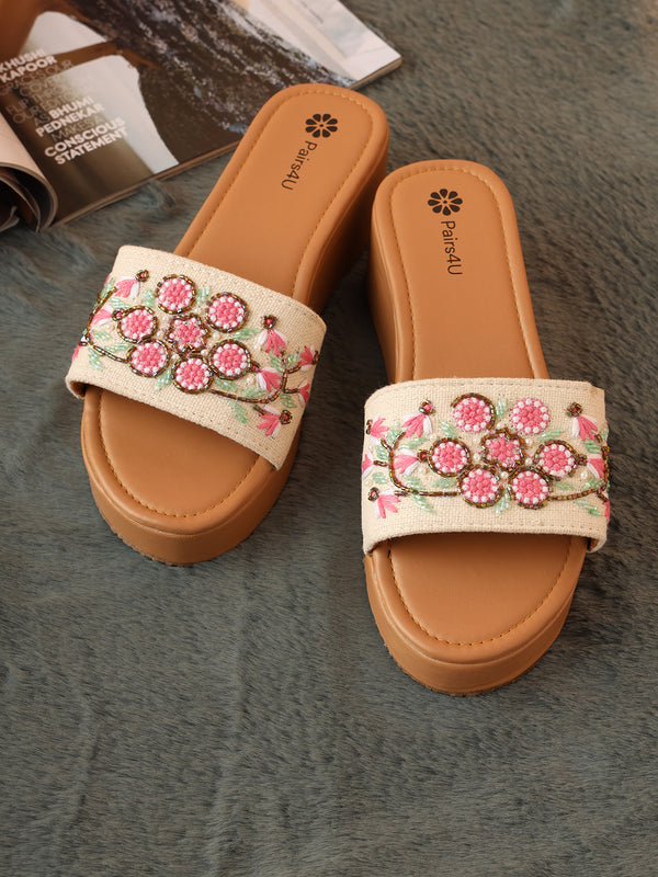 Pairs4U Off White Canvas Upper Flip-Flop Flats with Embroidered For Womens