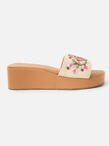 Pairs4U Off White Canvas Upper Flip-Flop Flats with Embroidered For Womens