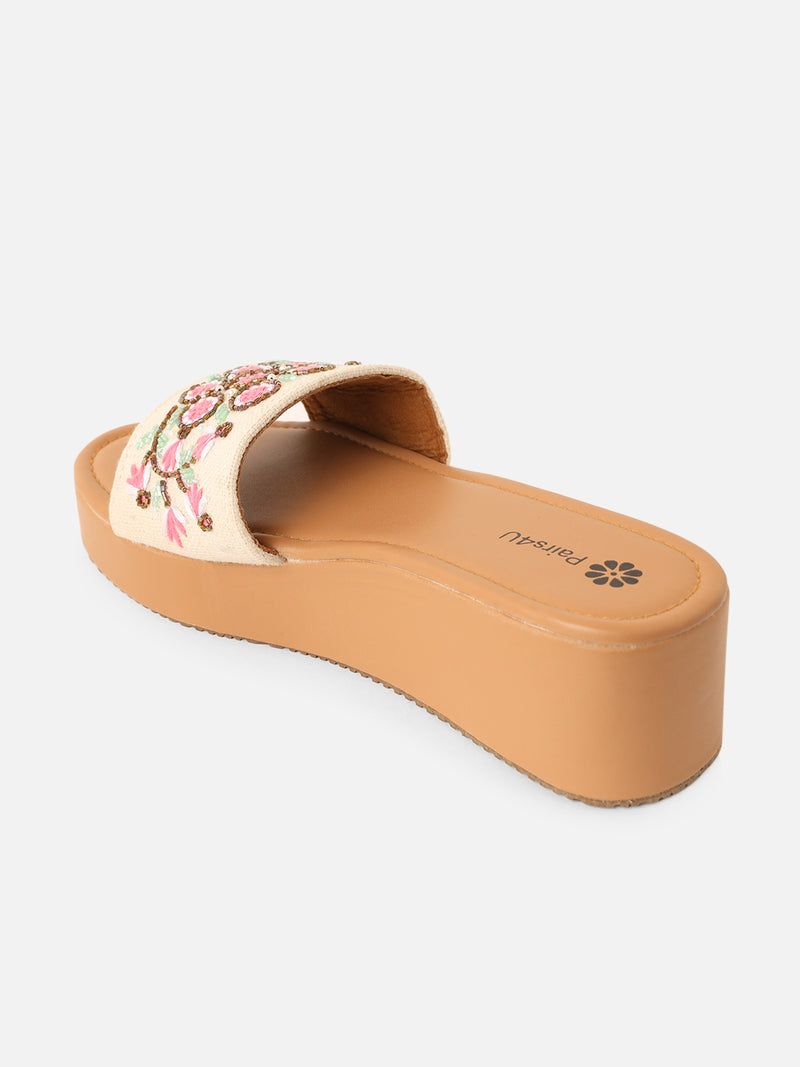 Pairs4U Off White Canvas Upper Flip-Flop Flats with Embroidered For Womens