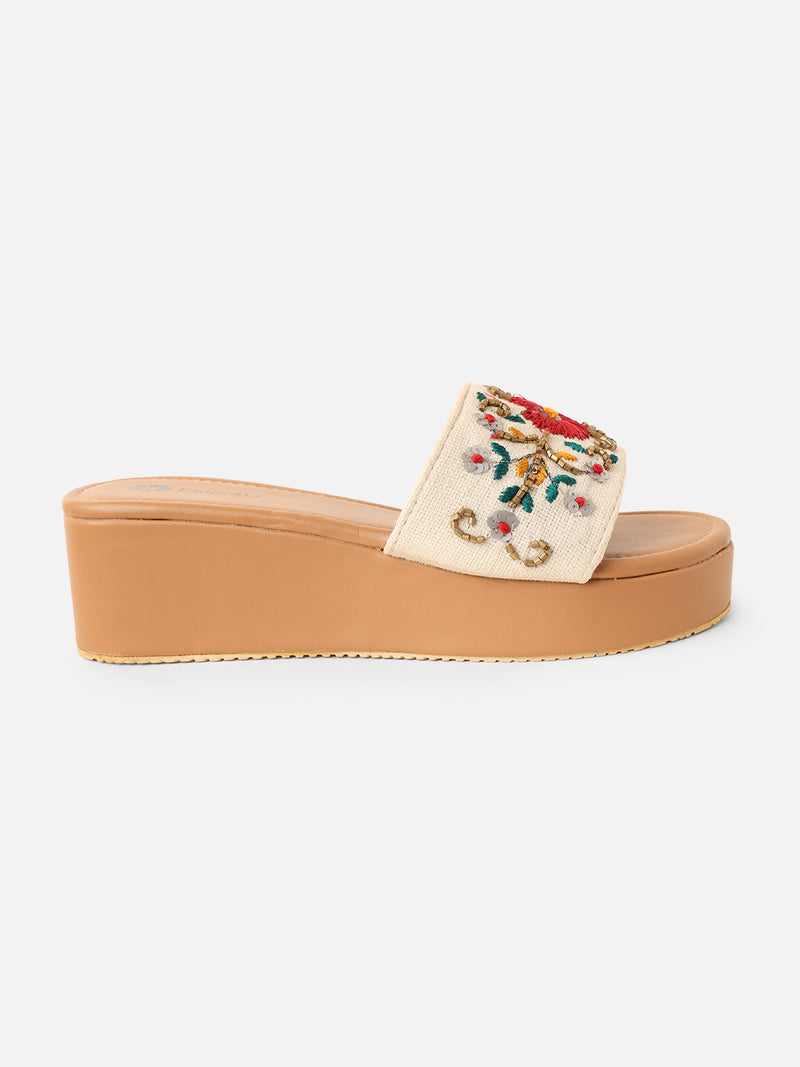 Pairs4U Off White Canvas Upper Flip-Flop Flats with Embroidered For Womens