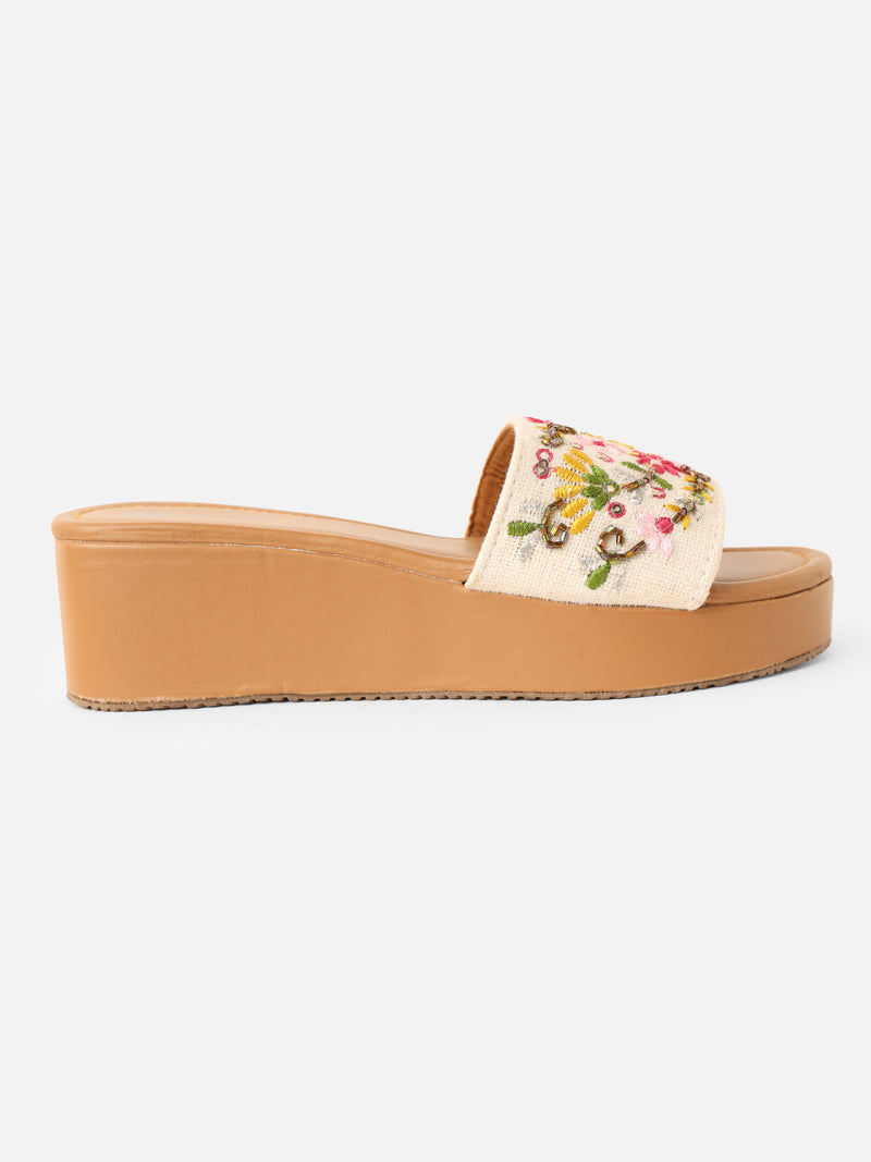 Pairs4U Multi Canvas Upper Flip-Flop Flats with Embroidered For Womens