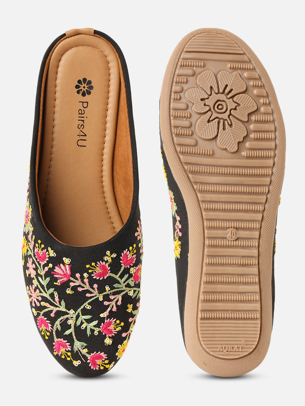 Pairs4U Black Canvas Upper Flats with Embroidered For Womens