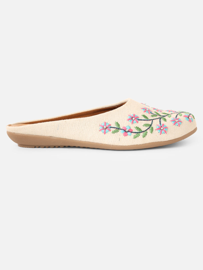 Pairs4U Off White Canvas Upper Flats with Embroidered For Womens