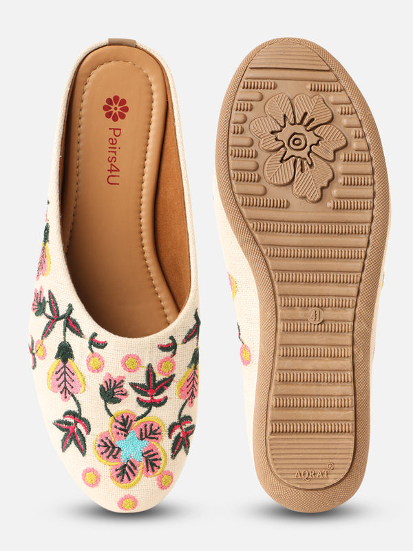 Pairs4U Off White Canvas Upper Flats with Embroidered For Womens