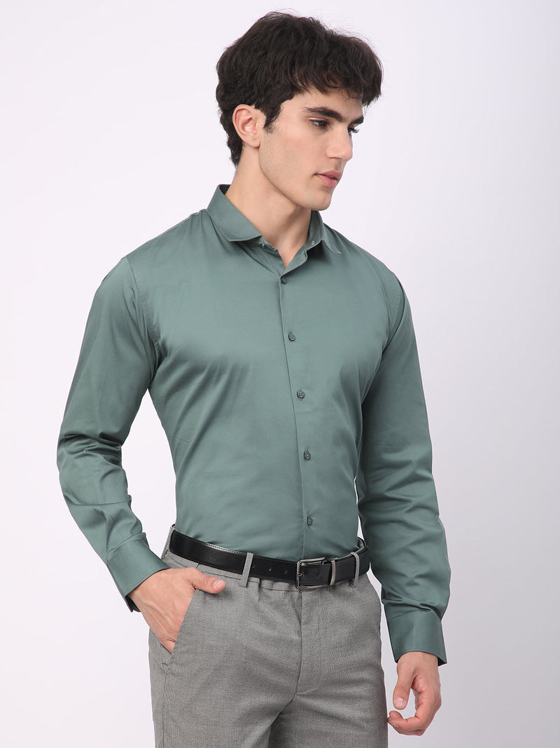 Stitch Hub Dark Green Satin Lycra Shirts For Men- Regular Fit With Solid Pattern